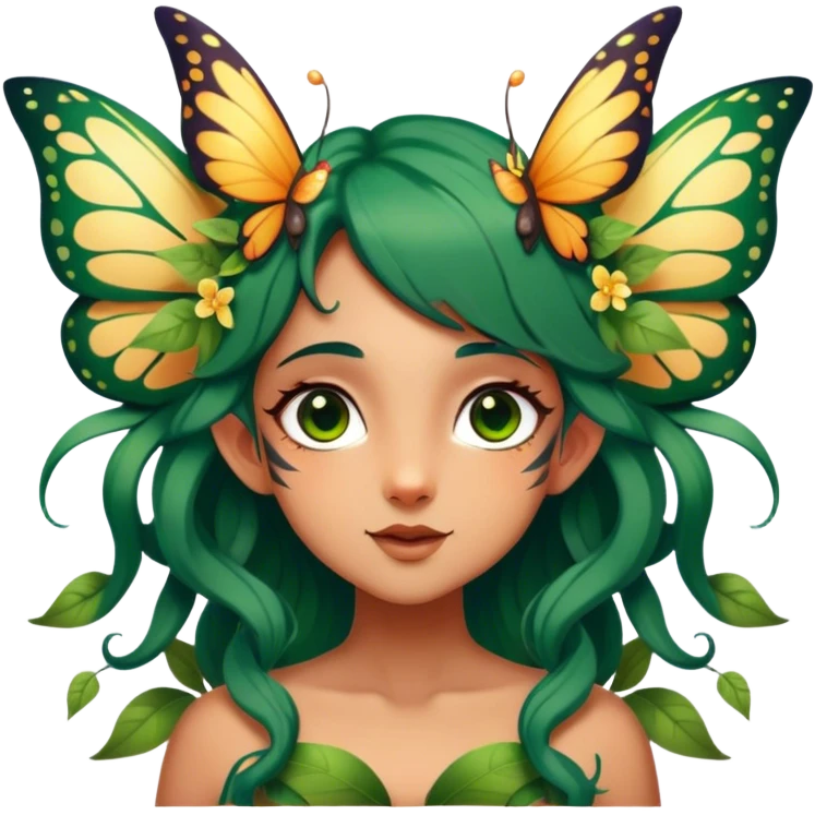 Cinematic Realistic Forest Fairy Portrait, head tilted playfully and inquisitively, showcasing a nature-inspired form with intricately detailed, sunlit tanned skin and cascading dark green hair interlaced with leaves and blossoms showing her large butterfly wings from her back. Her bright, curious eyes sparkle with forest mischief, rendered with lifelike clarity and warm, dappled lighting that captures the spirit of an enchanting woodland fairy ready to dance among the trees. emoji