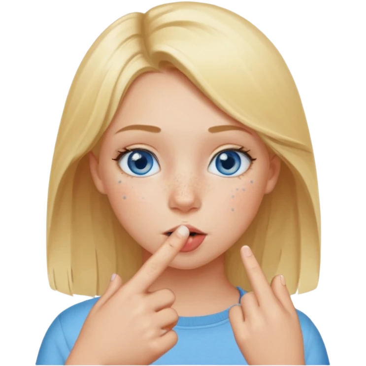 Chica con el dedo índice en la boca , que la chica sea rubia con ojos azules emoji