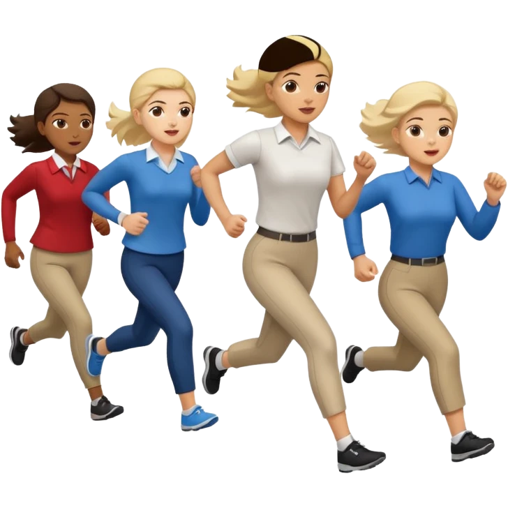 a female co-worker running and other co-workers chasing her -- the other co workers are tiny and in the distance and they are male and female emoji