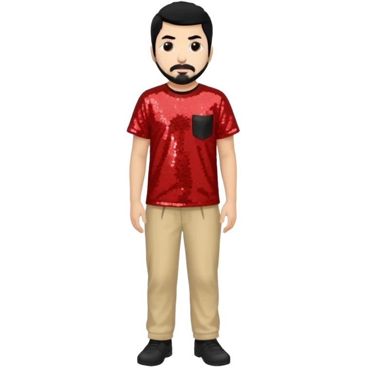 Chino Moreno with black hair, red sequin shirt, beige sequin baggy pants emoji
