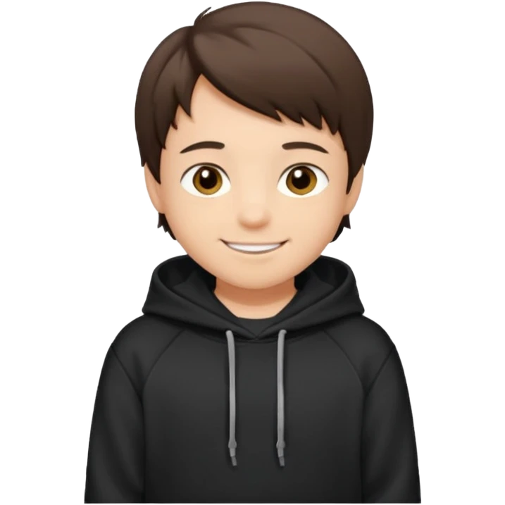 A brunette boy, short straight hair, light brown eyes, with a black sweatshirt with a hoodie, and smile  emoji