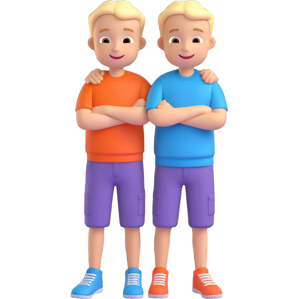 Two cartoon-style 2 boys with similar features, arms around each other's shoulders, smiling, matching outfits, standing close, white background, emoji style emoji