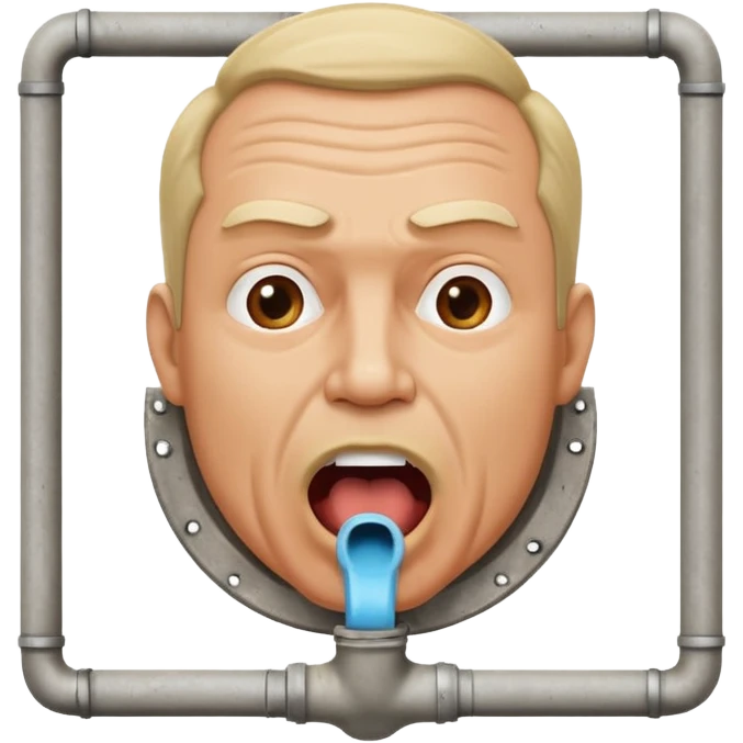 50 year old white male with an open mouth. No moustache—over his mouth is a square frame made of concrete connected to a drain pipe. He is proud and thinks his right, while being slightly angry because the joke is on him. emoji