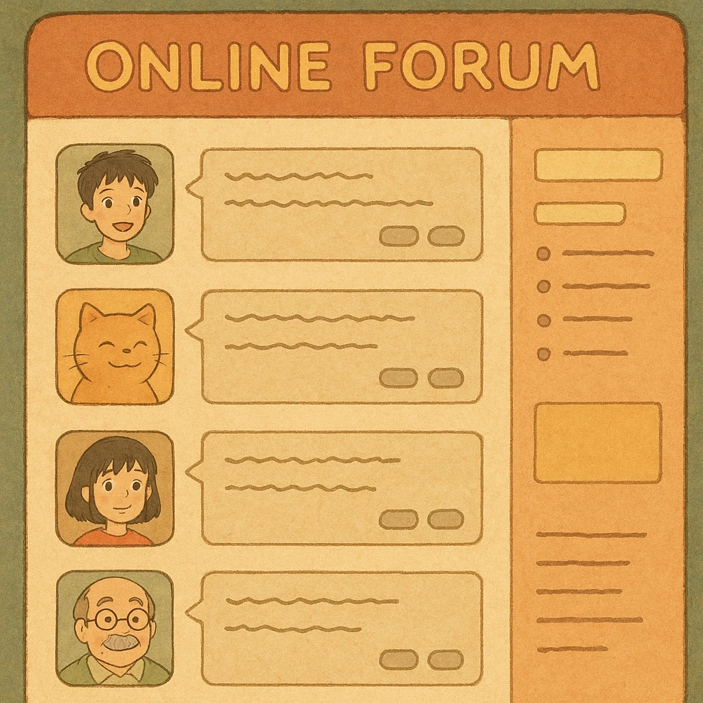 online forum with warm colors, friendly avatars, cozy interface in ghibli style emoji