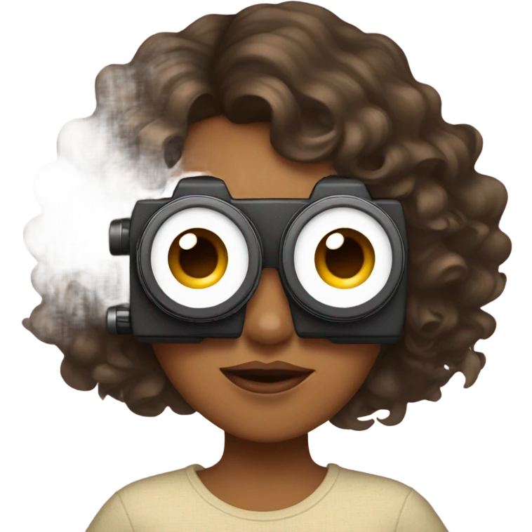 UGC content girl with camera cover face, olive with brown soft Hollywood curls emoji