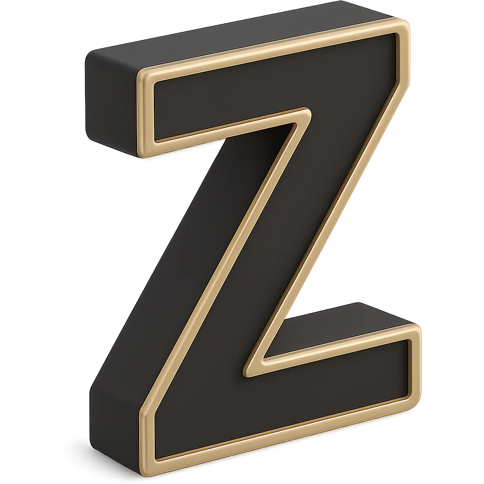 Create the letter Z in the 3D Black style, matching the bold, clear, gold-edged look of the reference letter A. emoji