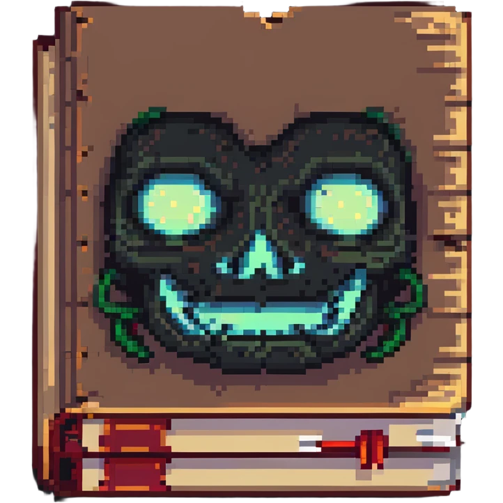 red cursed book with a sinister face emoji