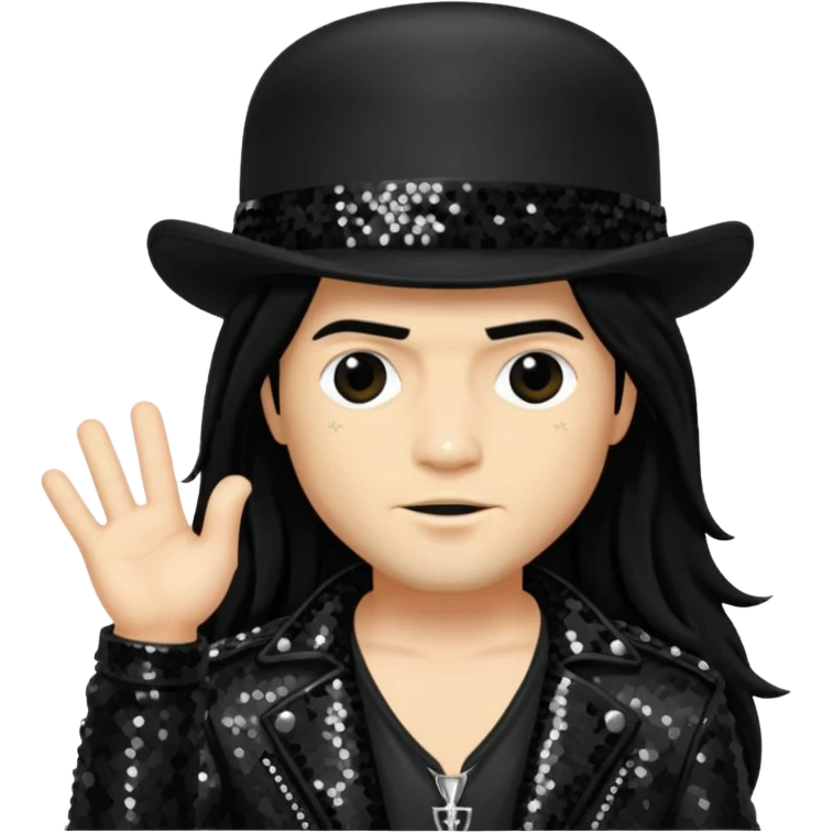 Slash from Gun n Roses with long jet black hair, black sequin outfit emoji