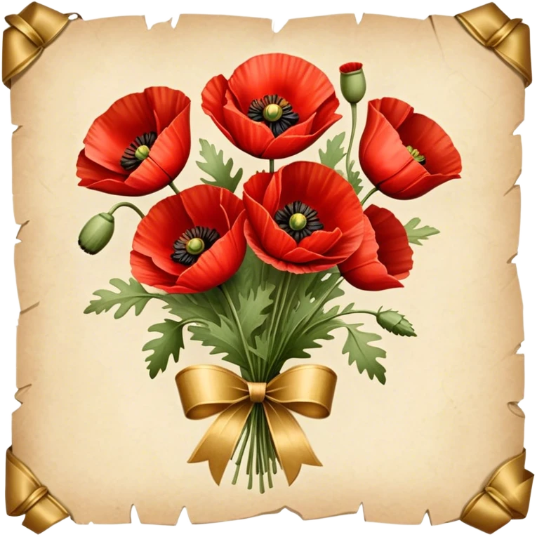 A bouquet of vibrant red poppies tied with a golden ribbon, vintage style, soft warm lighting, delicate details, aged paper background. emoji