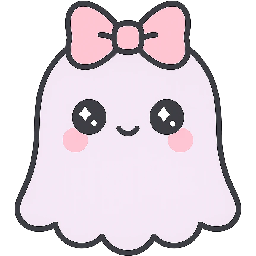 Add a cute gothic pet, a small ghost with a pink bow, in kawaii gothic style. Preserve transparent background. emoji