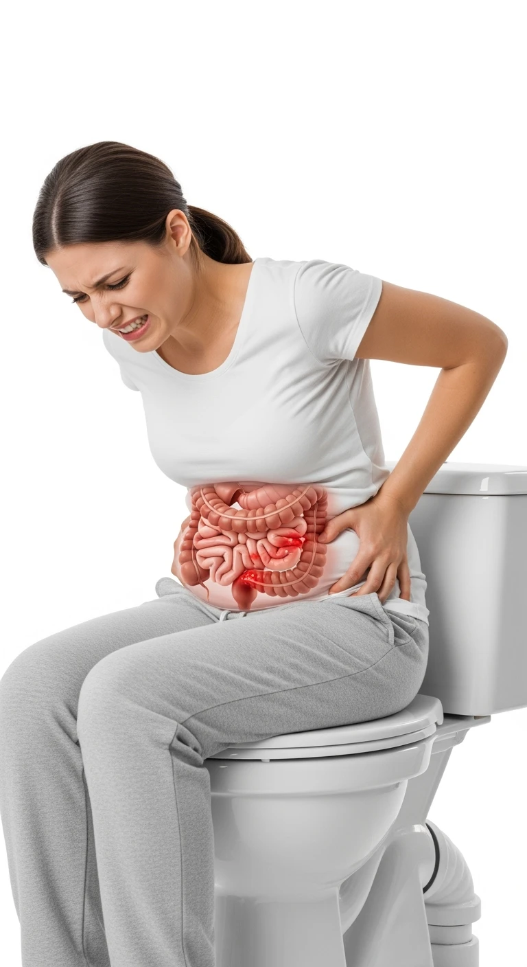 DONNA CON PANCIA DOLORANTE E INTESTINO UMANO ANATOMICO VISIBILE seduta sul wc che si sforza, ISOLATO SU SFONDO BIANCO emoji
