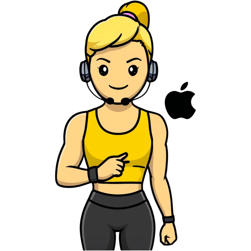 Sporty blonde woman in yellow top and black leggings, showing bicep, smiling, with wireless earbud and Apple Watch emoji
