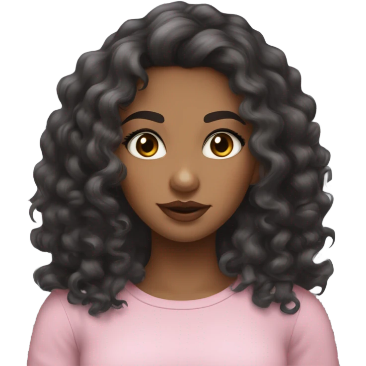 A tan girl with long black wavy-curly hair, brown eyes, long lashes, noticeable blush, pink lips, and a tight grey long-sleeve top. emoji