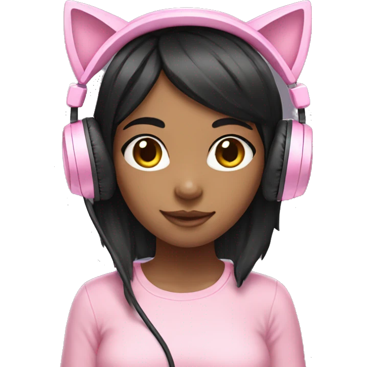 Black hair girl with pastel pink gaming headset that has cat ears  emoji