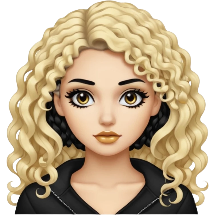 split dye leftside blonde rightside black hair, baddie, pretty makeup, black eyeliner, long and curly hair emoji