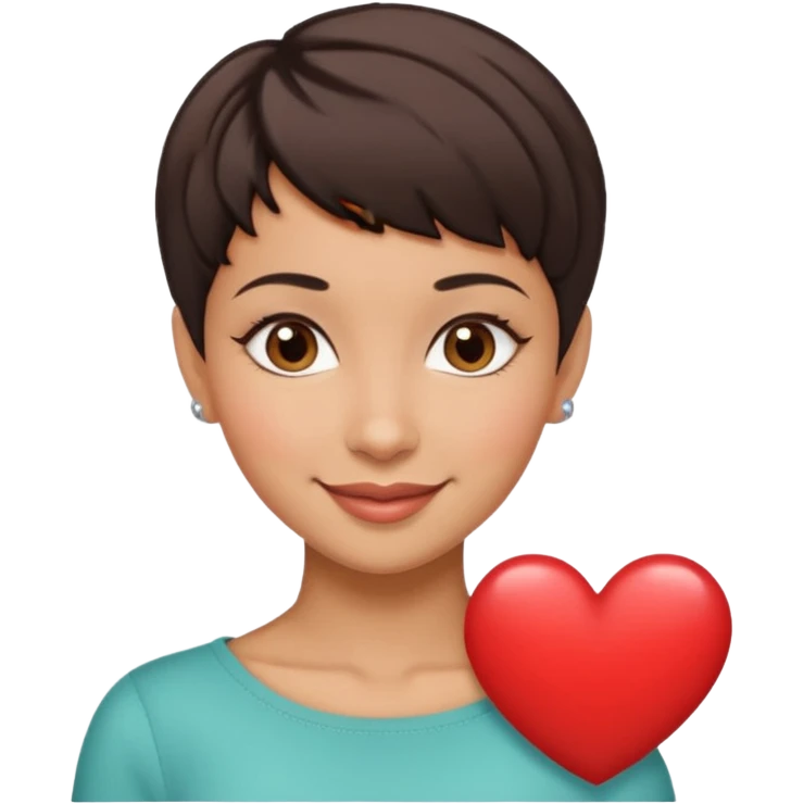 woman pixie cut dark brown hair, hispanic, brown oval eyes, heart shaped face emoji