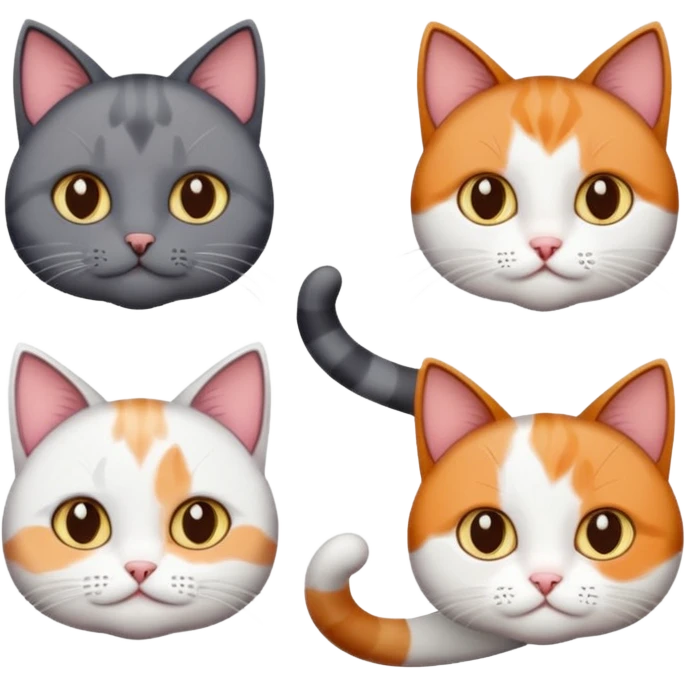 5 different coloured short haired cats including; a dark brown and white cat, and a dark grey and white, and a calico emoji