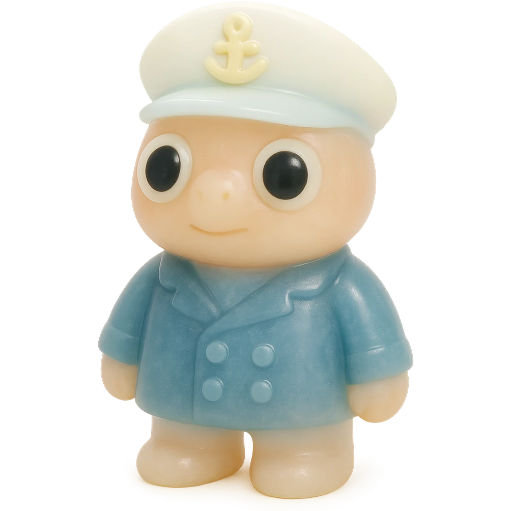 full-body boat captain, retro 90's toy style, very transparent and slightly see-through, natural tan skin, white captain's hat, navy jacket, large round derpy eyes like reference turtle, soft plastic texture, soft reflections, soft and squishy, some cloudiness, not shiny, highly detailed, appealing, no tag, no background emoji