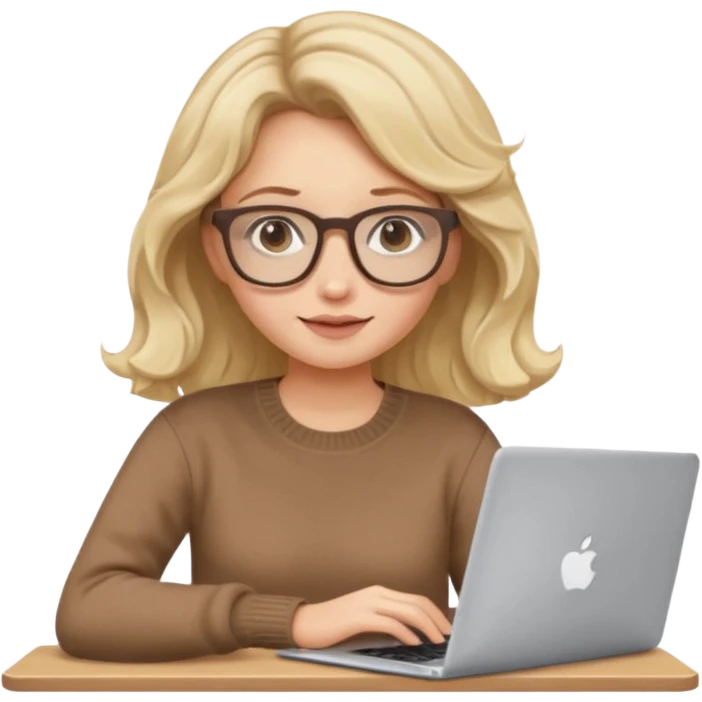 iOS style emoji, upper body view: blonde girl with dark blonde wavy hair, wearing pantos-style glasses and a brown sweater, sitting with a laptop, flat vector design, soft pastel colors, white background, Apple emoji style, upper body shot emoji