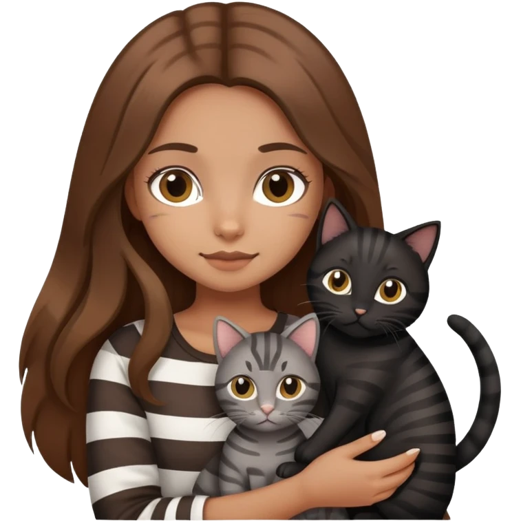 tan girl with long brown hair holding two cats, one black cat and one grey-striped cat emoji