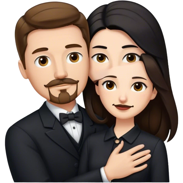 tall white man with brown hair goatee mustache hugging a pale woman with long black hair, wearing formal clothing emoji