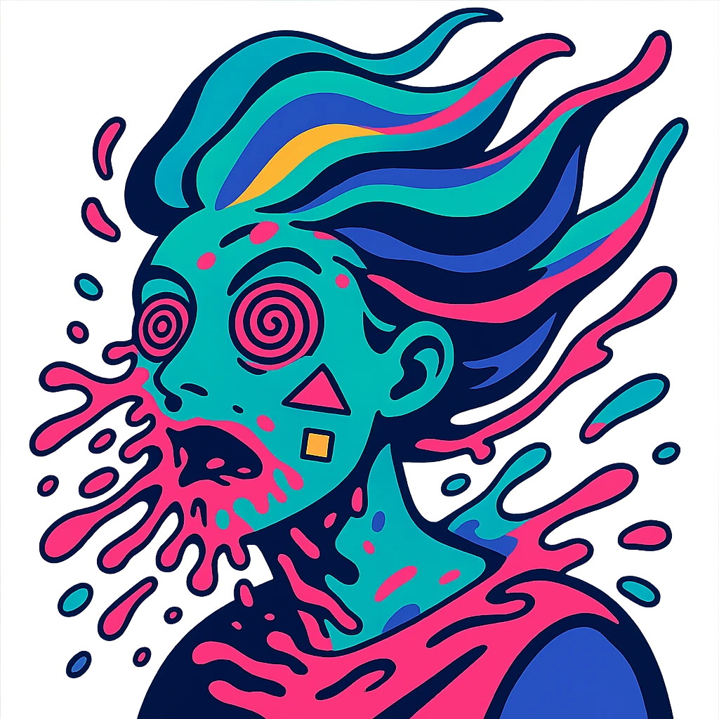surreal portrait, neon turquoise and electric pink skin, face melting into swirling paint particles, hair as liquid aurora, spiral eyes, geometric shapes on face, dynamic movement emoji