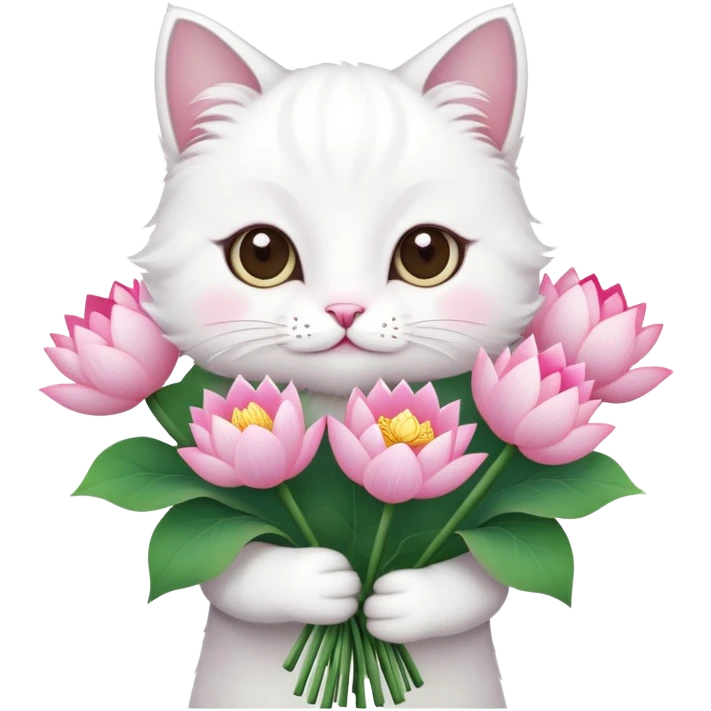 White cat holding a bouquet of lotus flowers emoji