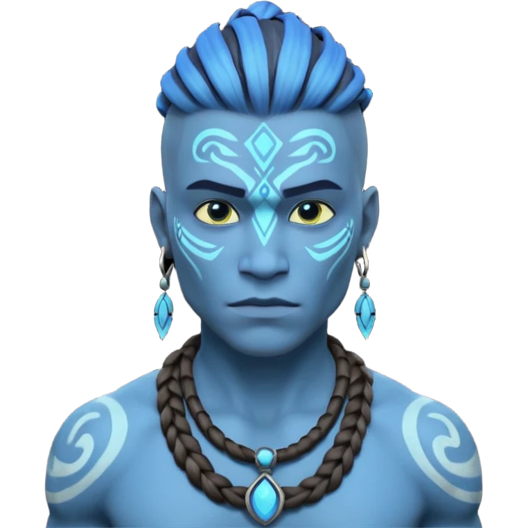 avatar-style Na’vi male portrait, head and shoulders only, blue skin, bioluminescent markings, strong face features, braided hair, tribal necklace, heroic expression, 3D cartoon, mobile game icon style, clean background, no text, no watermark
 emoji