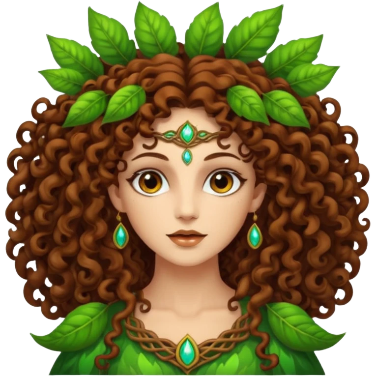Psychedelic goddess of the forest with brown eyes , brown curly hair emoji