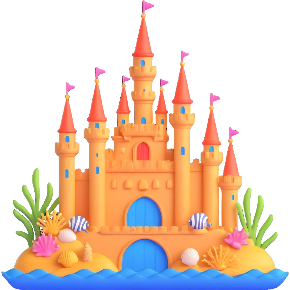 Ariel's underwater castle from The Little Mermaid, golden spires, colorful coral, seashell architecture, bubbles emoji