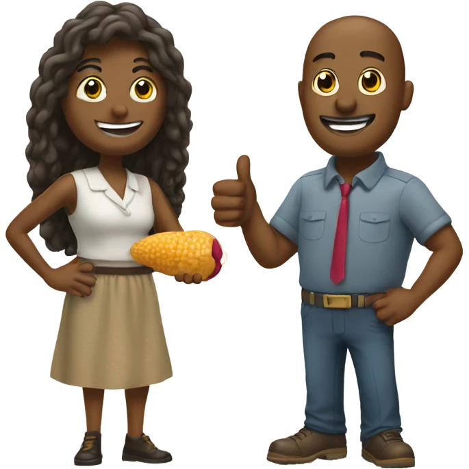 Man and woman standing next to a peanut that is  giving a thumbs up emoji