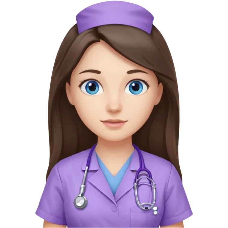pretty brunette nurse with long hair and blue eyes in lilac scrubs emoji