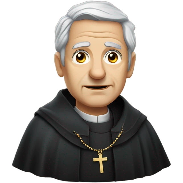"An older man with grey hair, a weathered face, and a solemn expression. He wears a black robe with a clerical collar and holds a Bible or rosary, standing in a modest church." emoji