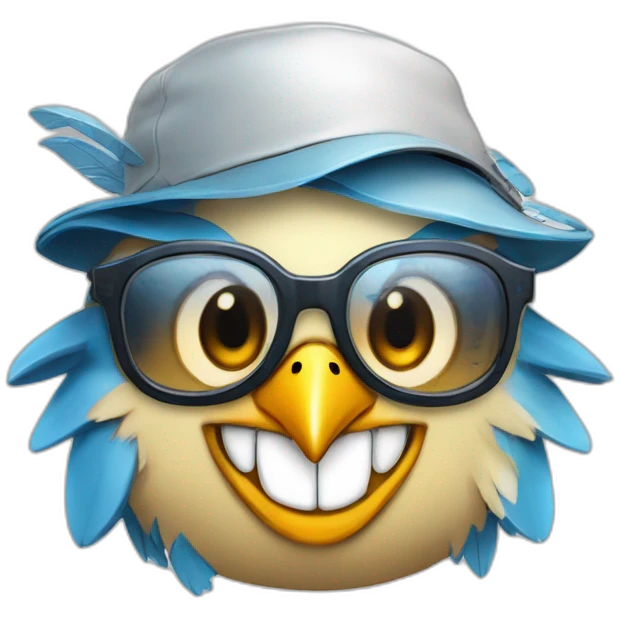 Crazy funny Cyberpunk Articuno head with beautiful smile wearing glasses and hat emoji