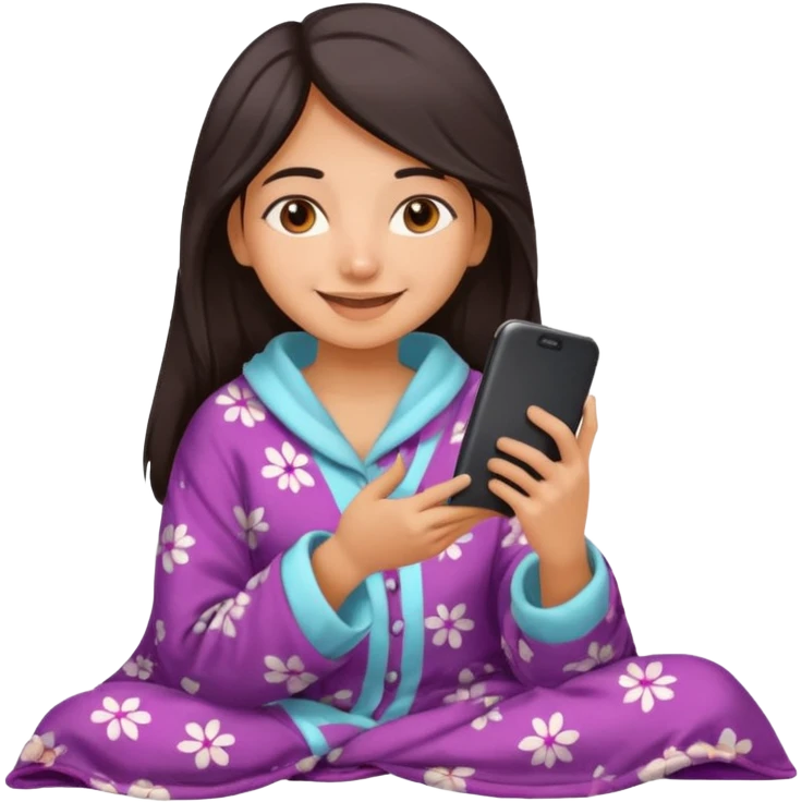 a pretty bratz fair indian girl covered in blanket, wearing pajamas, using phone emoji