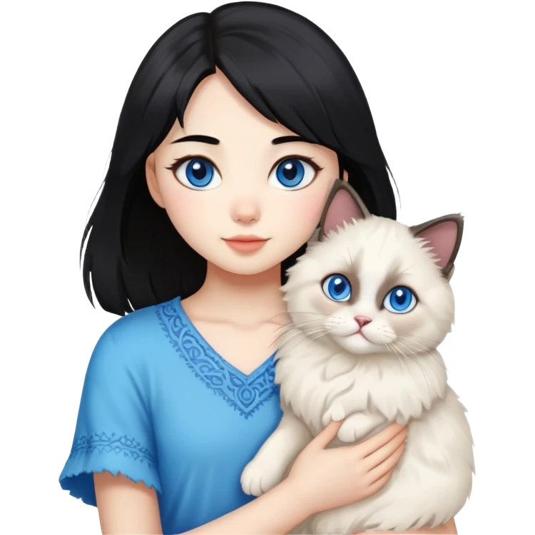 Asian girl with black hair holding a fluffy ragdoll cat with blue eyes and colorpoint fur emoji
