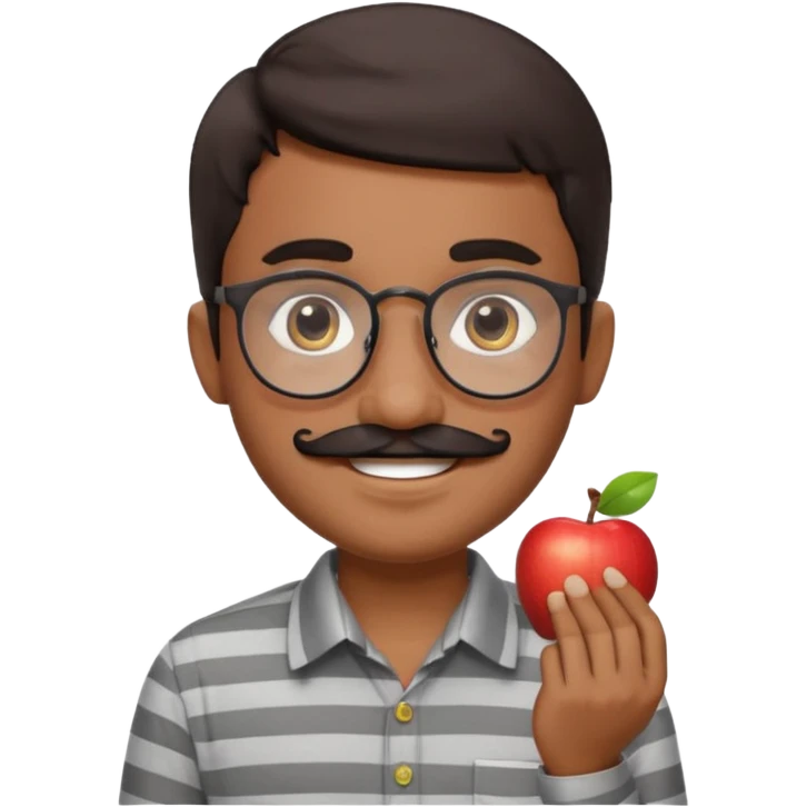 smiling young Pakistani shopkeeper, short dark hair, round eyeglasses, thick black mustache, light grey striped collared shirt, cheerful and welcoming expression, clean and rounded Apple emoji style, friendly vibe, clear facial features emoji