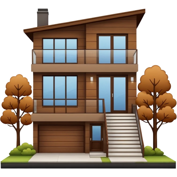 Make me a modern house with two floors, with big windows and brown wood panel on the outside emoji