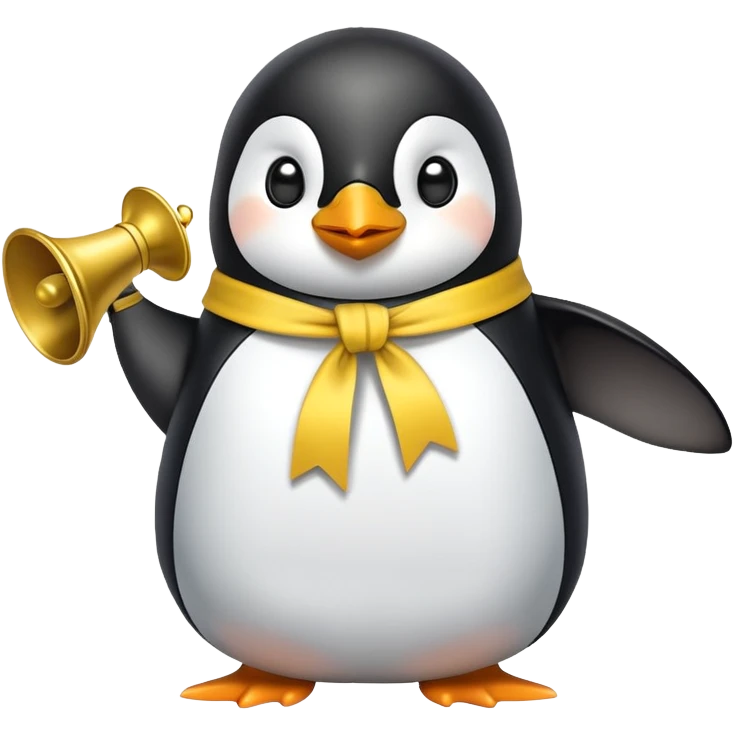 Penguin ringing bell vigorously with yellow ribbon emoji