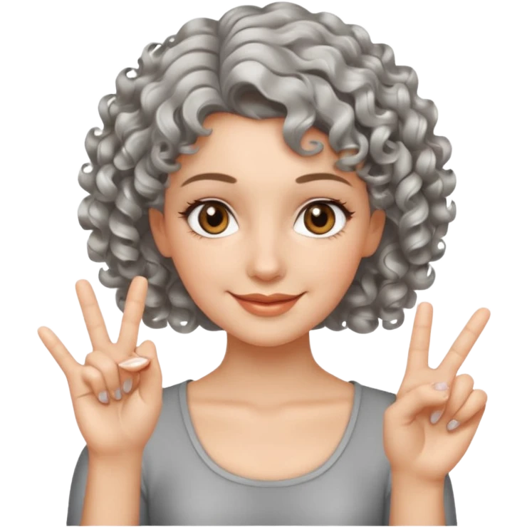 silver, short, wavy-haired with curls, smiling pretty lady, index and middle fingers crossed on one hand, hazel eyes emoji