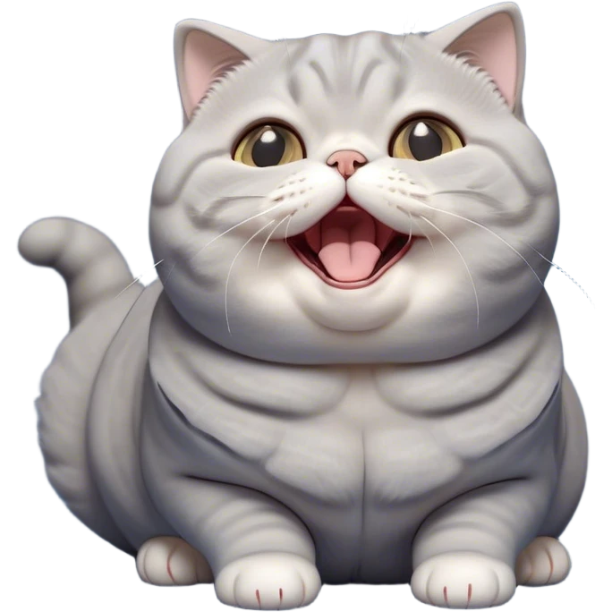 Cinematic Cute Chubby Grey Scottish Fold Cat Portrait Emoji, Head tilted playfully and yawning, round and plump body with sleek soft grey fur and subtle blue undertones, adorable folded ears, Simplified yet adorable features, highly detailed, glowing with a warm, friendly glow, high shine, curious yet calm, stylized with a touch of whimsy, bright and endearing, soft glowing outline, capturing the essence of a mischievous yet loving and lazy kitty with those signature folded ears, so cute it feels like it could stretch out of the screen and cuddle! emoji