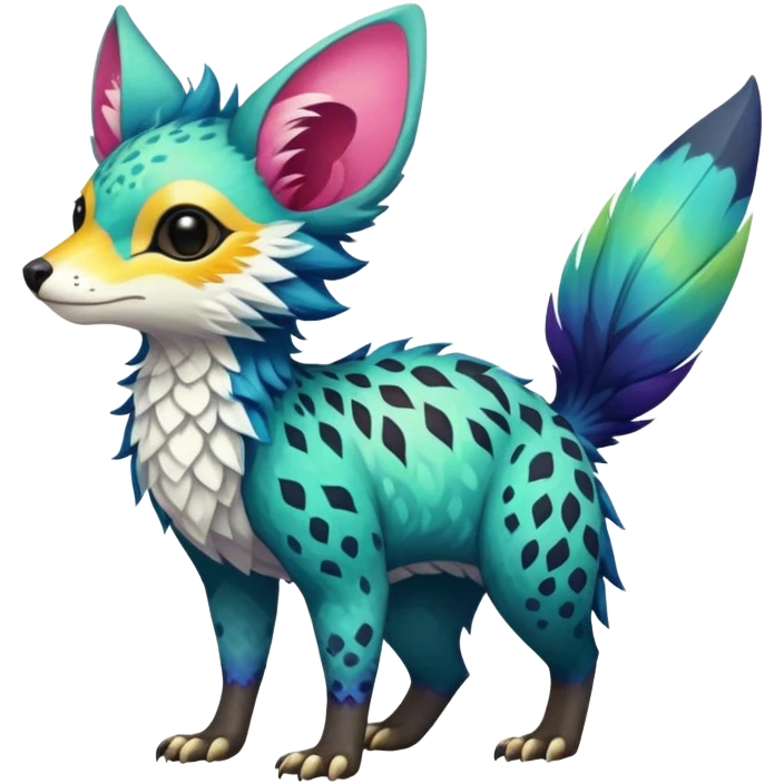 Feral Rare Fantasy vibrant colorful tropical Vernid-Trico-species by LiLaiRa, random markings, tufted tail, tufted ears, full body emoji
