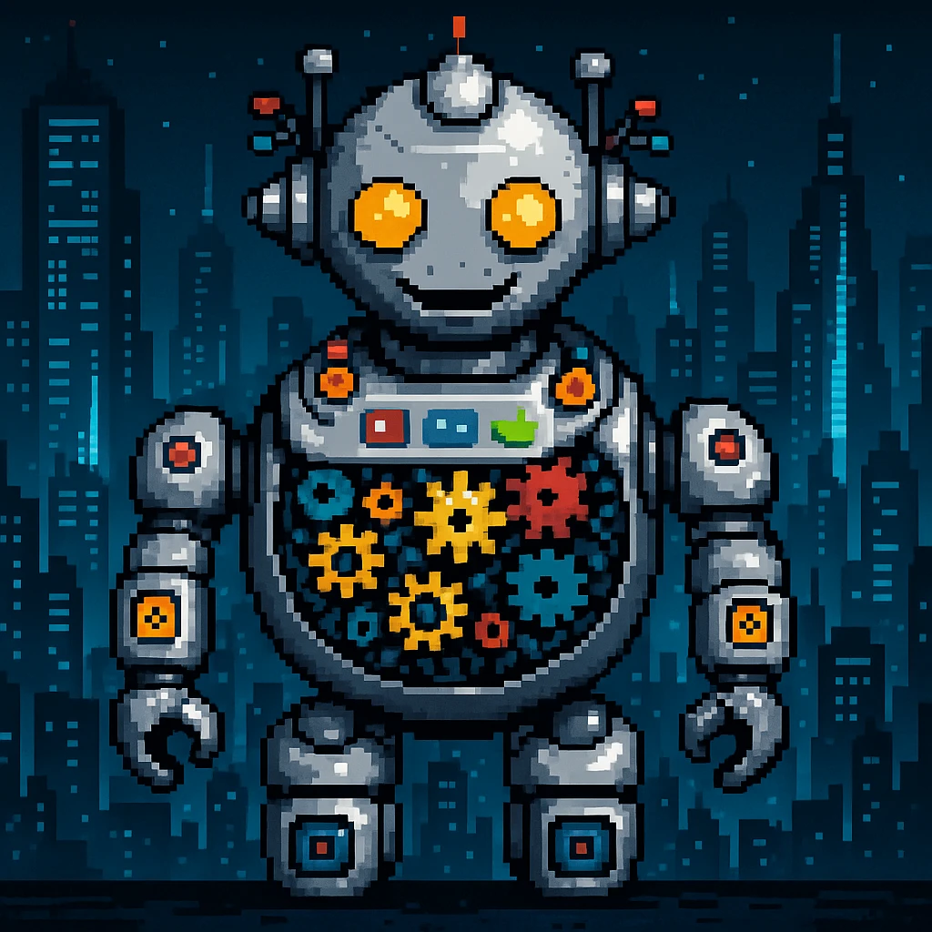 Add a futuristic city background, keep the robot with gears and data streams as the main subject, maintain pixel art style emoji
