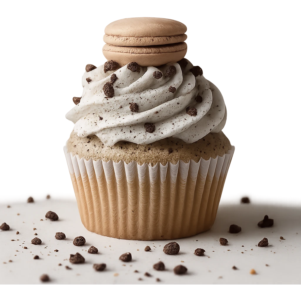 Change the icing to cookies and cream style with white icing and visible cookie crumbs, keep the realistic cupcake and accessories, photorealistic style, transparent background. emoji