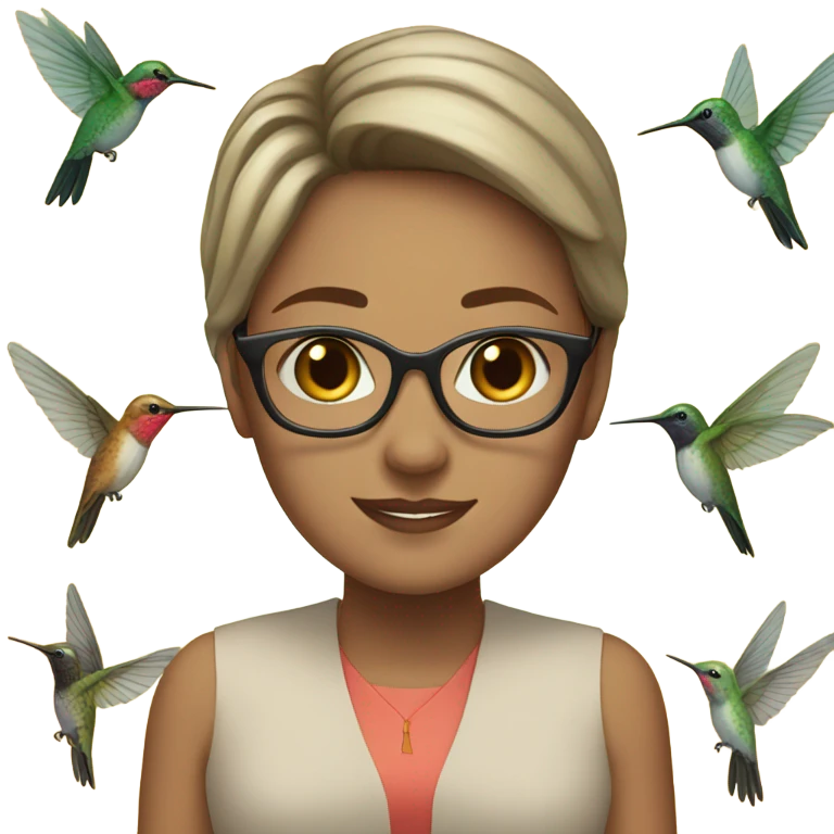 White girl  , brunette, with short hair, wearing glasses with a hummingbird next to her emoji