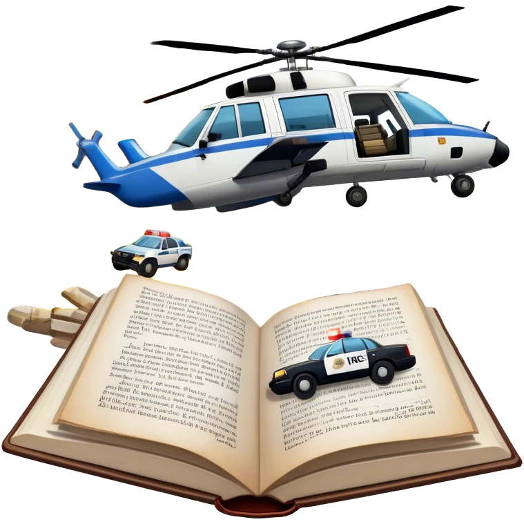 Icon for Action & Crime Reading: an open book with text, from which a police car is driving out along the pages, with explosions behind, a helicopter flying overhead, and a pistol with ammo and grenades in front. Transparent background. emoji