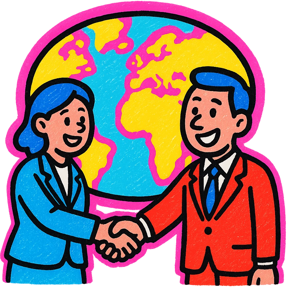 A lively and playful icon of two businesspeople shaking hands over a world map, using colors #1E90FF, #F13816, and #FFFFFF emoji