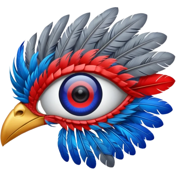 grey eye piece with red and blue feathers emoji