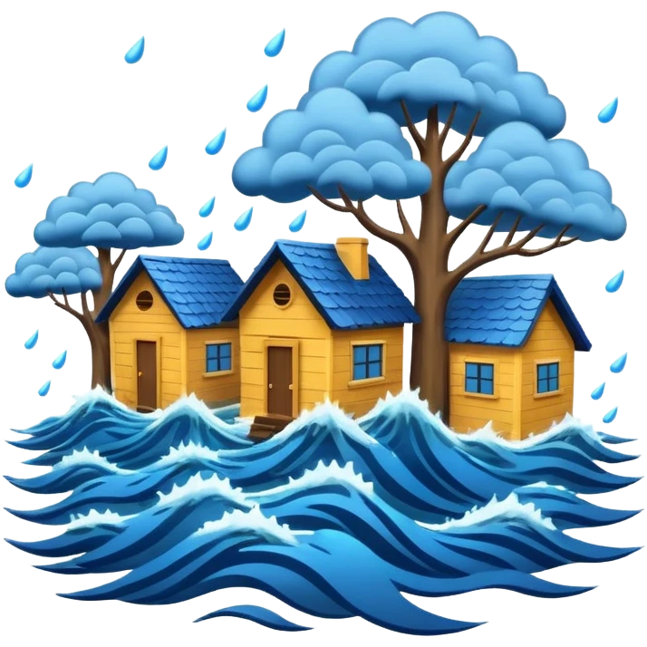 showing a flood disaster scene with powerful blue water waves carrying floating tree branches and wood pieces, small houses partially submerged, dark storm clouds above, heavy rain, realistic yet simple and clean emoji-style design emoji