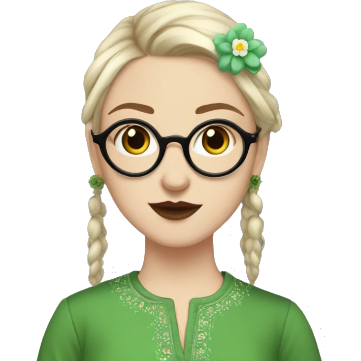 White girl in a green kurta with flower design, glasses, alot of piercing, gay, red lips, nose ring, full body, short straight black edgar hair, emoji